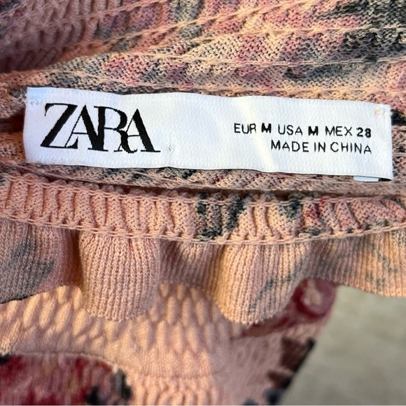 Zara Pink Floral Smocked Top Medium Boho Ruffled Mock Neck and Hem Cottagecore - Picture 13 of 15